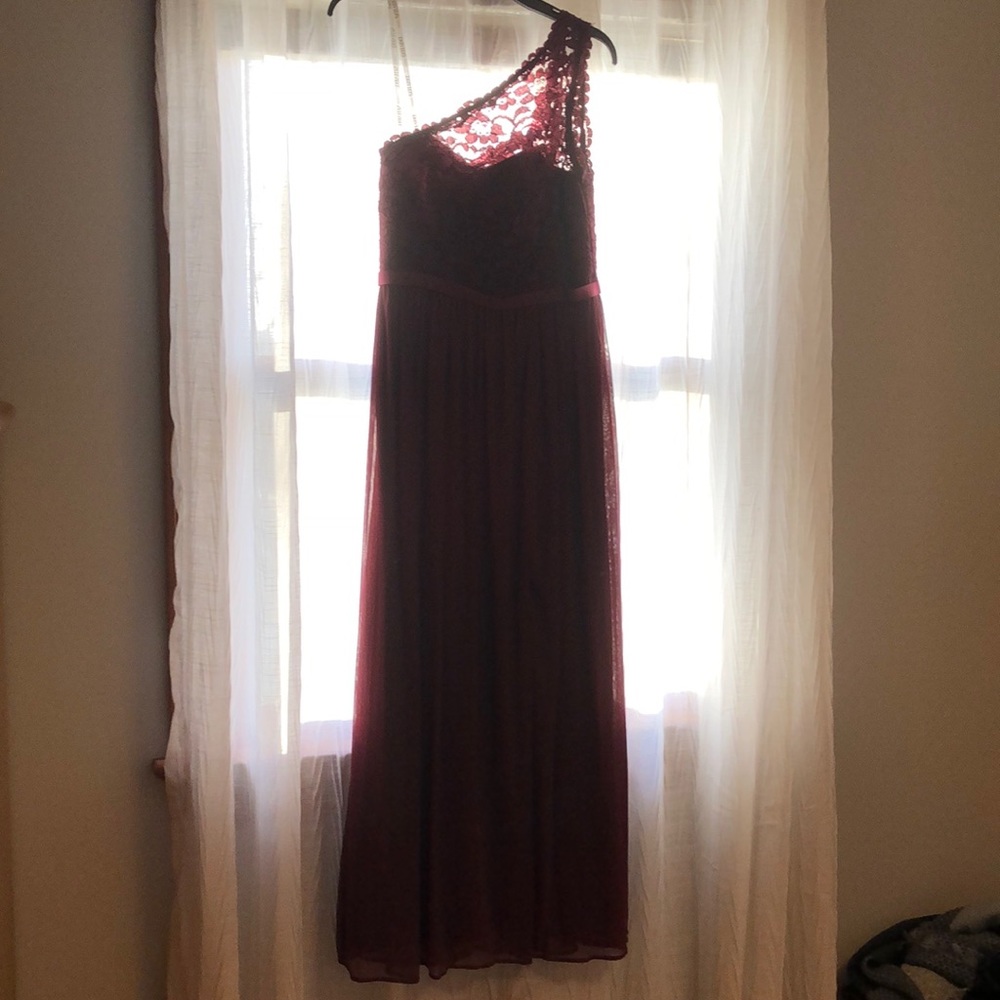 One shoulder lace burgundy dress